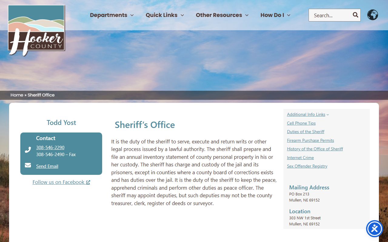 Hooker County sheriff office page for local inmate population contact
