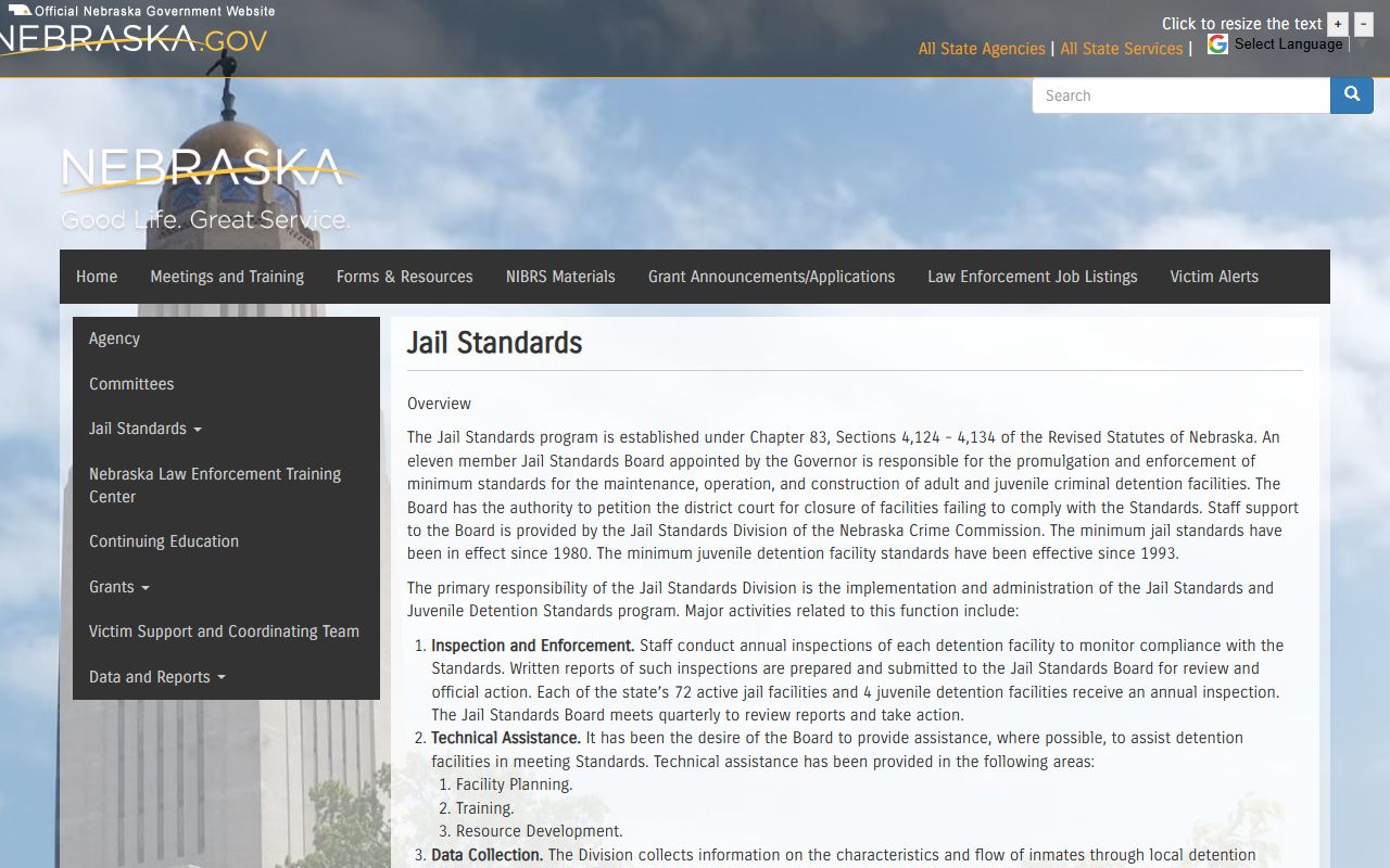 Nebraska jail standards page for Hooker County inmate population context
